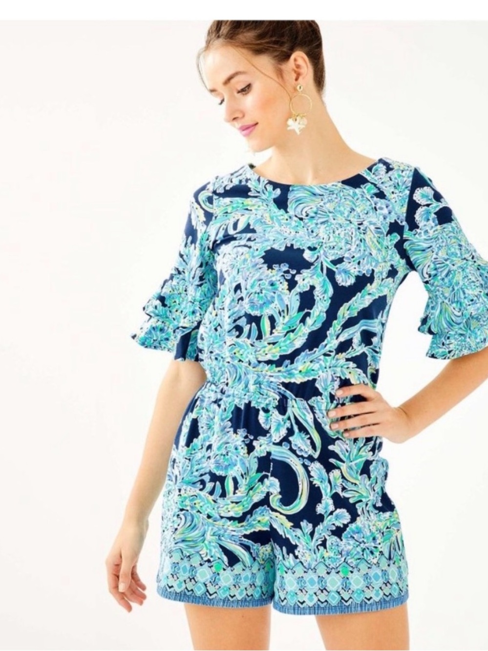 Lilly Pulitzer Lula Romper Ruffle Sleeves High Tide Navy Scuba Doo Print